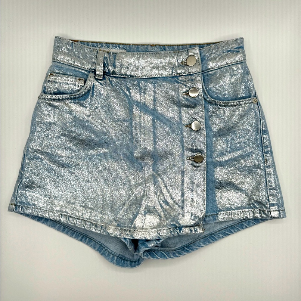 ZARA TRF Silver Metallic Foil Denim Skort Skirt 5862/071/400 Size XS / 24